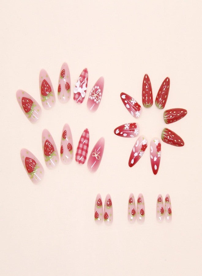 BSBTBZ 24Pcs Strawberry Flower Press on Nails Medium Almond Fake Nails Cute Floral Strawberry False Nails 3D Heart Pearls Bow Charms Designs Pink Gradient Glossy Stick on Nails Acrylic Nail for Women - Image 5